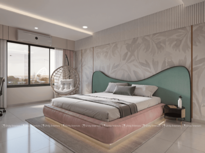 Bedroom designer in Ahmedabad. Immerse yourself in a cozy haven with our inviting bedroom design. Rich textures, earthy tones, and a welcoming atmosphere provide a comforting sanctuary for relaxation and rejuvenation